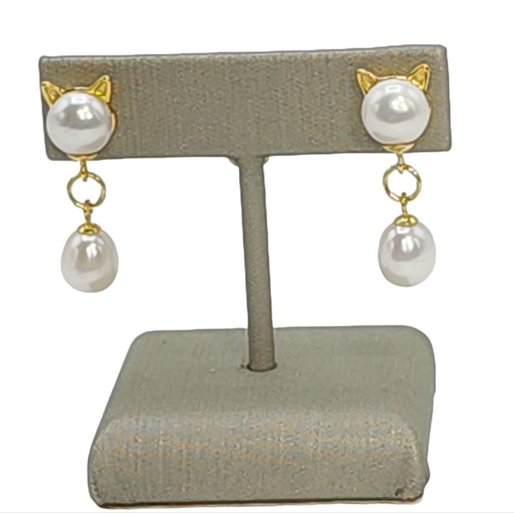 Gold Plated‎ Over 925S Silver 8mm Freshwater Pearl Earrings Big Cat Shaped NEW
